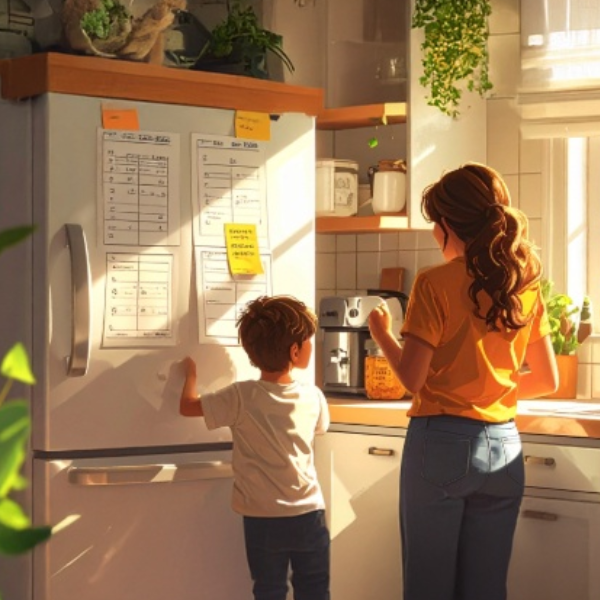 A candid family kitchen scene with a parent looking frustrated at a messy allowance chart taped to the fridge, coins scattered, child shrugging. Warm lighting, realistic, documentary-style.