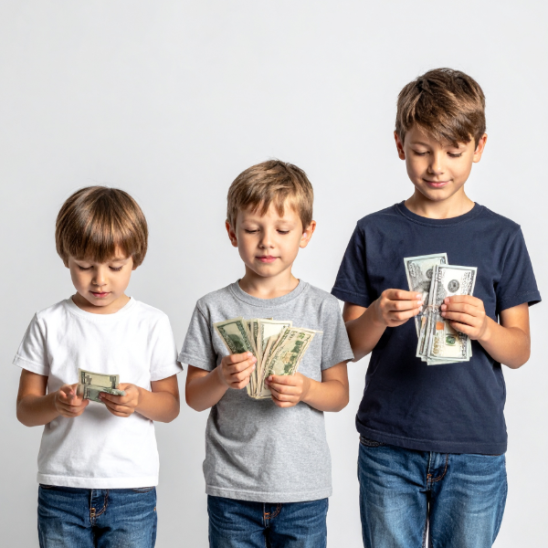 A soft, illustrated age progression showing a small child, an elementary-age child, and a tween, each interacting with money in age-appropriate ways. Clean, minimal style.